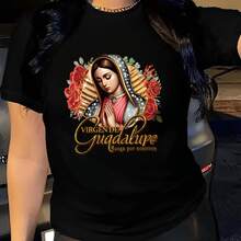 Women's Casual Crew Neck T-Shirt - Vibrant Print With Our Lady Of Guadalupe And Spanish Lettering, Machine Washable, Comfortable Fit For All Seasons, Ideal For Carnival, Mother's Day And Valentine's Day, Women's T-Shirts, Festive Clothing, Floral Print T-Shirt, Detailed Print T-Shirt - 黑色 - 查看 6