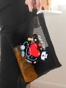 網格尼龍護士主題化妝包，印有聽診器、心形、注射器、體溫計圖案的急救包，便攜式多功能化妝包，女士化妝包旅行盥洗用品收納包，返校醫生護士禮物，化妝包護膚包盥洗包，旅行必需品宿舍必需品，給醫療工作者的最佳禮物，給女士的禮物 - 彩色 - 查看 17