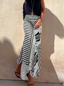 Women's Elegant Striped Maxi Skirt, A-Line Romantic Long Skirt, Suitable For All Seasons White - White - View 5