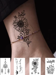4pcs Black & Gray Line Drawing, Dotwork Style Temporary Tattoos, Lotus Flower + Geometric Arrow Totem Patterns, Suitable For Spine, Waist, Collarbone Or Wrist, Provide Stretching & Lightweight Visual Effect, Can Last 7-14 Days, Essential For Parties, Music Festivals - Black - View 1
