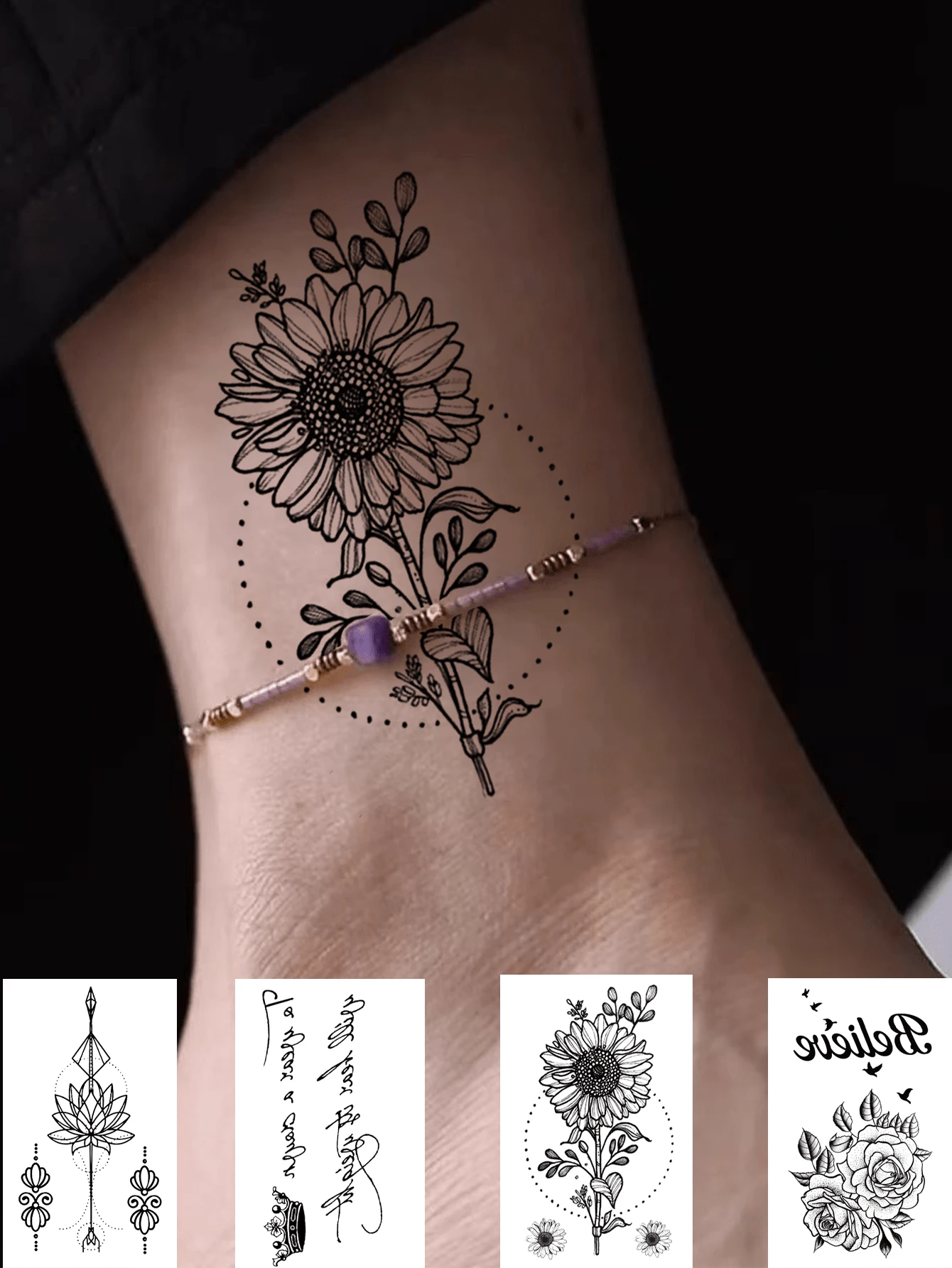 4pcs Black & Gray Line Drawing, Dotwork Style Temporary Tattoos, Lotus Flower + Geometric Arrow Totem Patterns, Suitable For Spine, Waist, Collarbone Or Wrist, Provide Stretching & Lightweight Visual Effect, Can Last 7-14 Days, Essential For Parties, Music Festivals - Black - View 1
