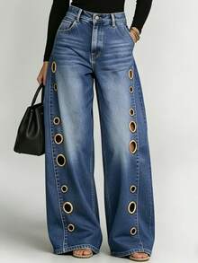 European And American New Denim Jeans With Women's Metal Eyelets Design, Casual And Loose High Waisted Wide Leg Jeans - 淺藍色 - 查看 3