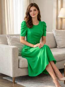 Women's Spring Summer Puff Sleeve Midi Dress, Muti Colors Available, Ruched Waist Belt Design, Elegant Solid Color A-Line Dress, For Office, Wedding Guest, Church & Daily Casual Wear | Full Figure Flattering/Dresses For Women/Dresses/Dress/Summer Dresses For Women/Vestidos Elegantes De Mujer/White Dresses For Women/Summer Dresses/Summer Outfits For Women/Dresses For Women Summer/Graduation Dresses For Women - 綠色日常版 - 查看 4