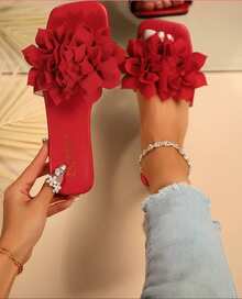 Breezelady Women's Cute Floral - Decorated Slide Sandals, Open Toe, Flat Heel, Bohemian - Sweet Style, Red, Fabric Material, Summer Daily & Party Shoes - 紅色 - 查看 1