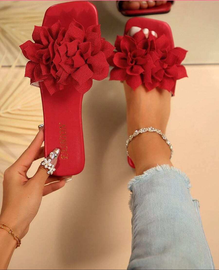Breezelady Women's Cute Floral - Decorated Slide Sandals, Open Toe, Flat Heel, Bohemian - Sweet Style, Red, Fabric Material, Summer Daily & Party Shoes - 紅色 - 查看 1
