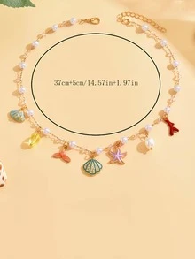 1 pieza Collar de cuerda trenzada estilo bohemio en color azul con dijes de estrella de mar, concha y colgantes, adecuado para vacaciones de verano en la playa y fiestas - Multicolor - Ver 4