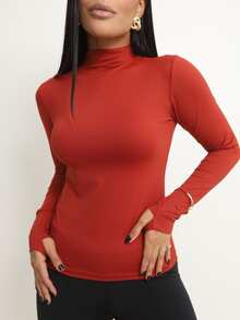 Basic Polyamide Blouse, Long Sleeves With Thumb Loops, High Neck. - Terra Cota - View 2