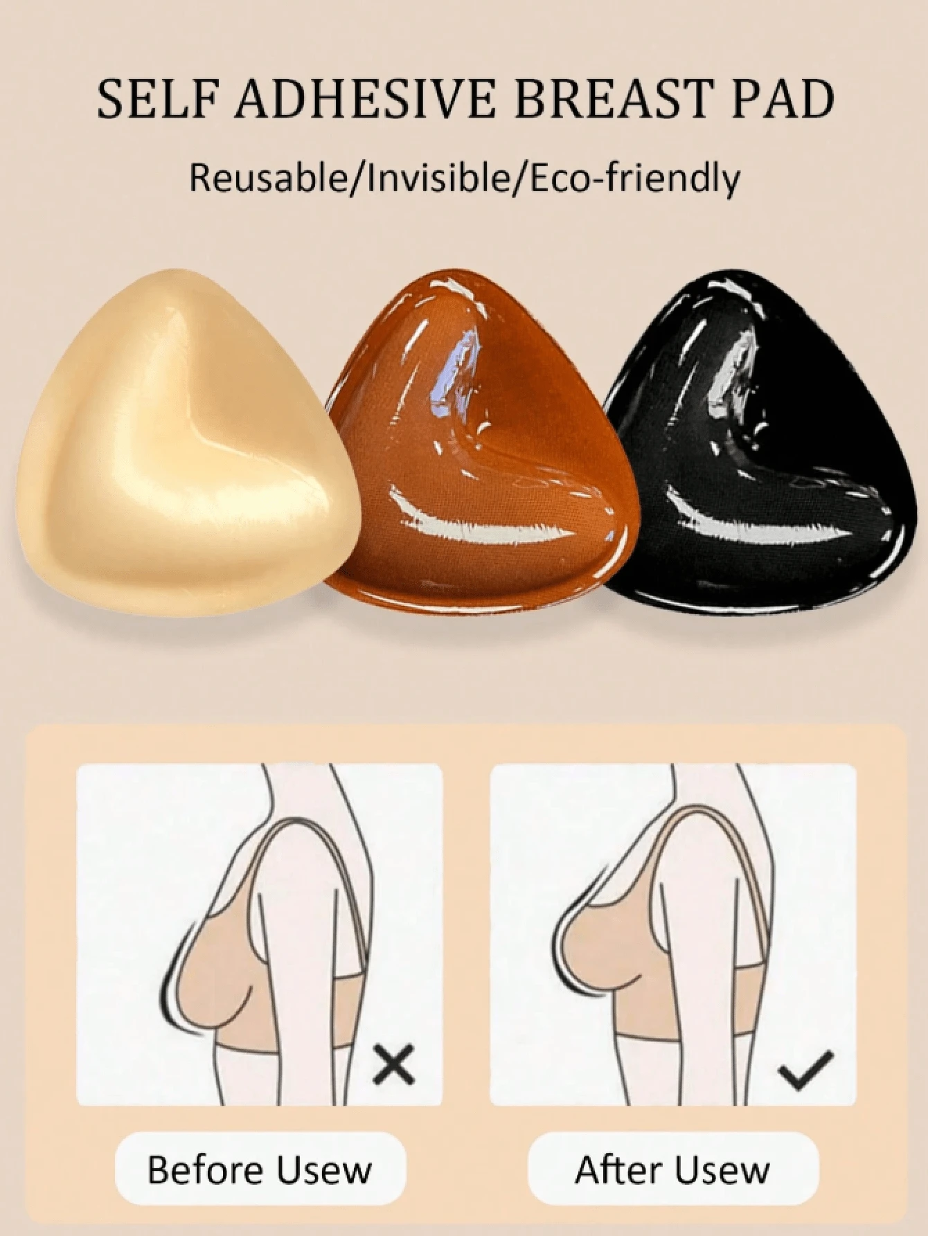 1 Pair Double-Sided Breathable Self-Adhesive Bra Pads, Thickened Triangle Uplift Design, Reusable, Invisible Bikini Pads, Suitable For Swimming - A - View 1