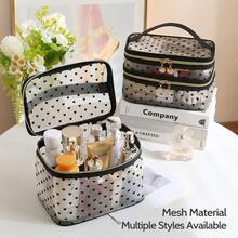 Bolsa de maquillaje de malla transparente de doble capa con estampado de corazón lindo, bolsa de almacenamiento de artículos de tocador portátil, organizador multifuncional para viajes y uso diario - Multicolor - Ver 3