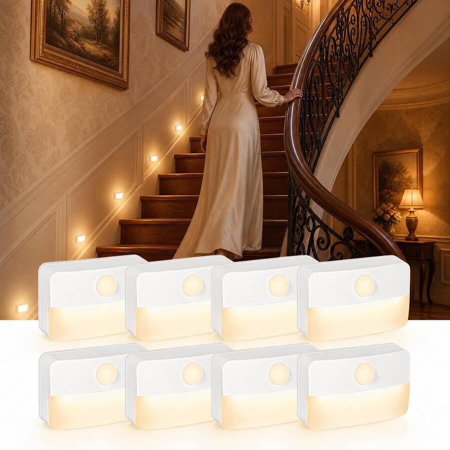 8 Pack Motion Sensor Stair Light For Indoor, Battery Operated Closet Lights, Wireless Stick On Anywhere Hallway Lamp, 40 Lumen 3000K Portable Led Night Lamps For Bedroom Under Cabinet Kitchen - Màu trắng ấm áp - Xem 1