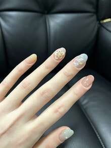 10Pcs Handmade Press On Nails Nude Gradient Fake Nails With Ocean Theme 3D Flower, Shell & Pearl Design Short Reusable False Nails For Girls - Multicolor - View 5