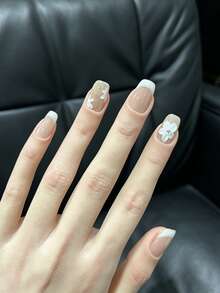10Pcs Handmade Press On Nails Nude Fake Nails With Cat Eye, French Tip, 3D Flower & Gold Foil Design Short Reusable False Nails For Girls - 彩色 - 查看 5