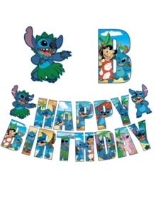 Bộ trang trí tiệc chủ đề hoạt hình Stitch Lilo & Stitch của Disney bao gồm biểu ngữ, mặt dây chuyền hình xoắn ốc và các vật dụng trang trí khác, phù hợp cho các bữa tiệc sinh nhật, tiệc cưới, lễ tốt nghiệp, ngày lễ, cắm trại ngoài trời, họp mặt gia đình và nhiều dịp khác. - Nhiều màu - Xem 3