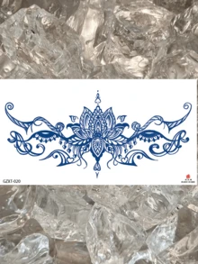 Stiker Tato Jus Semi-Permanen Ukuran Besar, Menampilkan Bunga Teratai Sebagai Elemen Utama, Dipadukan Dengan Pola Gulir Simetris dan Motif Mata Mistis, Garis Halus dan Lembut, Memancarkan Suasana Zen yang Eksotis. Tahan Air, Tahan Keringat, Efek Tato Realistis, Biasanya Bertahan 1-2 Minggu. Serbaguna untuk Pria dan Wanita, Mudah Diaplikasikan dan Dilepas, Dapat Menutupi Bekas Luka, Cocok untuk Mereka yang Ingin Merasakan Gaya Tato Tanpa Tinta Permanen. - Biru - View 3