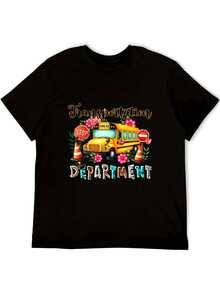 Plus Size Women's "Department Of Transportation" Graphic T-Shirt - Soft Casual Short Sleeve Crew Neck T-Shirt With Bus, Traffic Signs And Road Construction Design, Stop Sign And Warning Tape Print - All Season Comfort For Bus Drivers And Transportation Workers (Machine Washable) - Black - View 1
