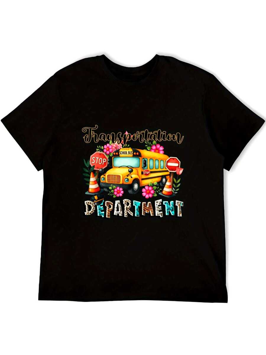 Plus Size Women's "Department Of Transportation" Graphic T-Shirt - Soft Casual Short Sleeve Crew Neck T-Shirt With Bus, Traffic Signs And Road Construction Design, Stop Sign And Warning Tape Print - All Season Comfort For Bus Drivers And Transportation Workers (Machine Washable) - Black - View 1