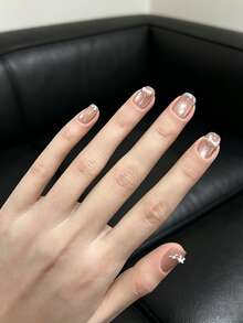 10Pcs Handcrafted Nude Shimmer Press On Nails 3D Bow Diamond Inlay Sweet Elegant Removable Reusable Nail Art Tips - Multicolor - View 5