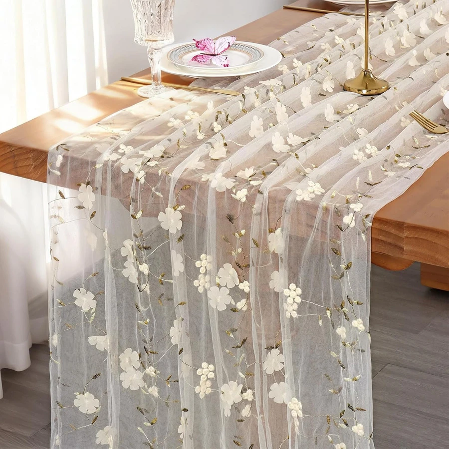 1pc 3D Floral Mesh Embroidered Table Runner, 120 Inches/10 Feet, Sheer Fabric Spring Kitchen Dining Table Holiday Decor Home Party - Beige - View 1