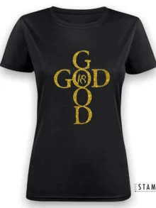 Golden Symbol Forming A Cross With The Word GOD Representing Faith, Hope And Inner Strength In A Bright And Spiritual Style. Modern Women's T-Shirt Comfortable For Everyday Wear. - 黑色 - 查看 1