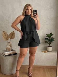 Women's Jumpsuit With Halter Neck, Ruffled Front, And Open Back - 黑色 - 查看 1