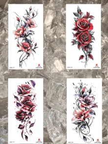 4张竖款彩色花卉临时纹身贴纸，经典永恒的玫瑰纹身设计，以柔和的粉色花簇为特色，性感又酷炫的花卉图案，创新型人体彩绘纹身贴纸，防水耐用，适用于腰部、腿部、手臂等部位，男女通用，易于粘贴和去除，可遮盖疤痕。 - 黑色 - 查看 5