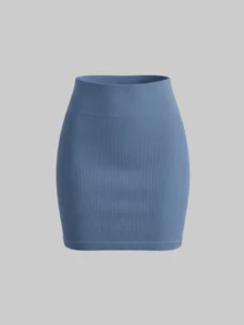 1 pieza Minifalda de punto sin costuras de moda para mujer, falda ajustada y elástica de cintura alta para verano - Neblina azul - Ver 1