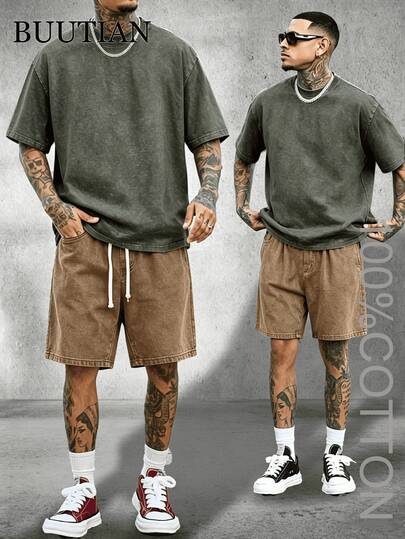 Men's 2PCS BUUTIAN Vintage Wash Solid Color T-Shirt & Denim Shorts Set, Multiple Color Combinations Available, Oversized Streetwear Casual Summer Joggermate Outfit, 90s Retro Casual Loungewear