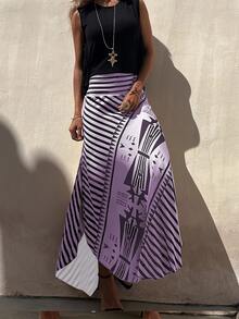 Women's Elegant Striped Maxi Skirt, A-Line Romantic Long Skirt, Suitable For All Seasons - Lilac Purple - View 3