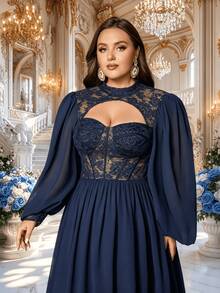 Đầm maxi dài tay bằng chiffon phối ren màu trơn thanh lịch dành cho nữ cỡ lớn, thích hợp cho các buổi tiệc trang trọng. - Màu xanh hải quân - Xem 5