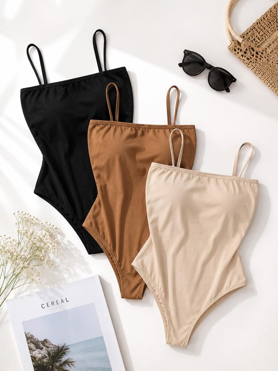 Set Of 3 Women's Bodysuits With Thin Straps, Straight Neckline, Spandex Fabric With Padded Cups - Perfect Gift For Parties, Christmas, New Year's, Birthdays, Day/Night, Casual, Versatile - 有/無 - 查看 1