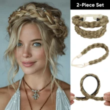 Conjunto de tiara trançada elegante de 35 cm para mulheres, com uma tiara trançada com detalhes e um elástico de cabelo trançado combinando. Disponível em diversas cores, incluindo cinza, preto, dourado, marrom e outras. Conjunto de acessórios de cabelo antiderrapantes de 2 peças para uso diário. - Multicolorido - Ver 17