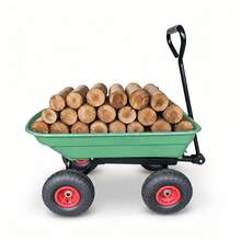BorealBear Multi Functional Heavy-Duty Four-Wheel Garden Handcart, Heavy-Duty Steel Frame Structure, Plastic Body, All Terrain Outdoor Yard Handling Vehicle With D-Shaped Handle Steering, Suitable For Outdoor Gardening, Lawn, Farm, And Building Handling - 綠色車身 - 查看 3