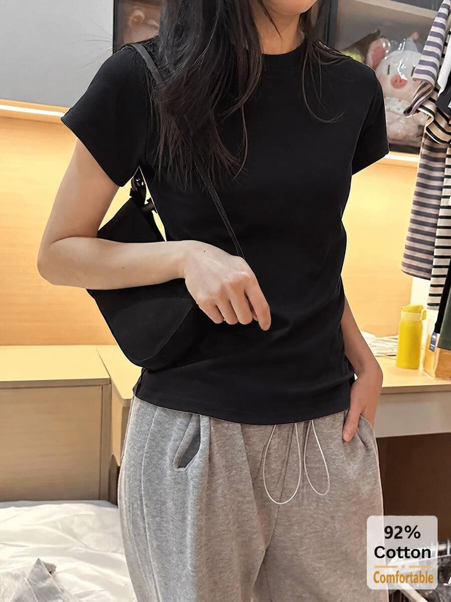 2026 Spring/Summer New White Short Sleeve T-Shirt, Versatile Solid Color Casual Slim Fit Top For Women Black - Black - View 1