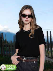 Women's Fashion Black 100% Cotton T-Shirt, Medium Stretch Everyday Basic Tee for Fall - Negro - Ver 2