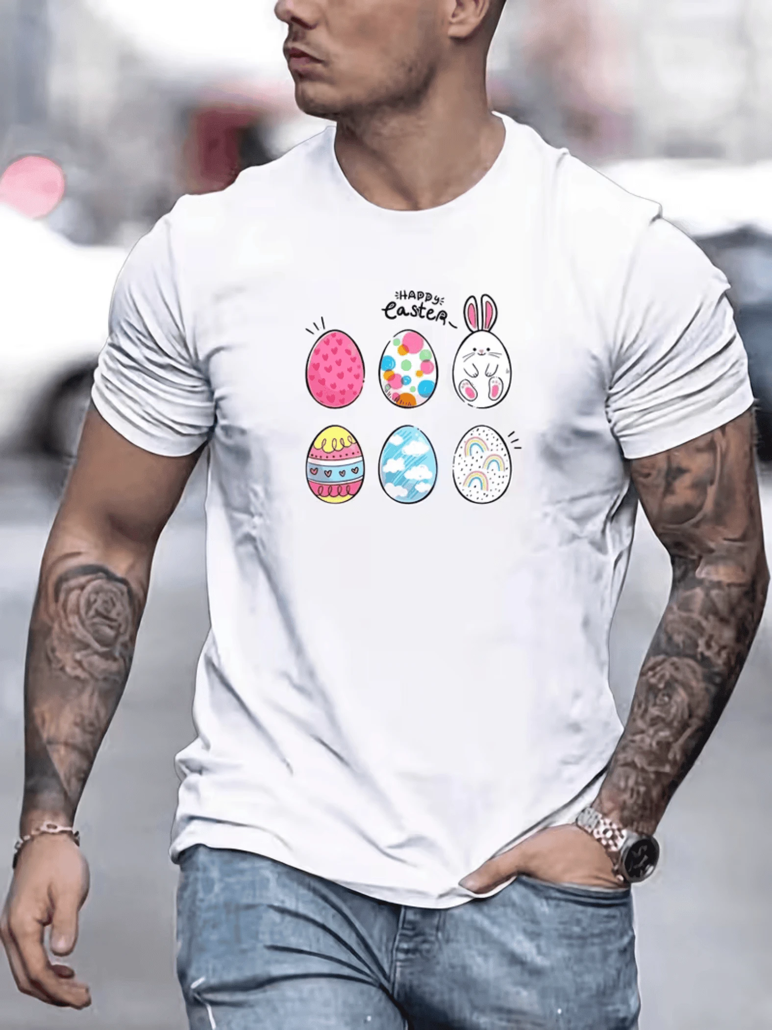 Colorful Easter Eggs With Hearts, Dots, Clouds, And Rainbows Symbolize Joy, Hope, And Renewal, Conveying Positive Energy And Festive Spirit. Men's Casual, Modern, Comfortable T-Shirt For Everyday Wear. - 白色 - 查看 1