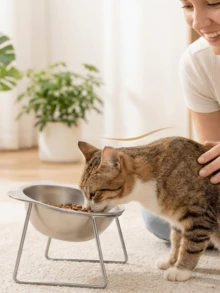 1个不锈钢猫耳造型加高宠物碗，猫狗通用，易于清洁，不易碎，保护宠物颈椎，食物碗，宠物餐碗 - 600毫升 - 查看 2