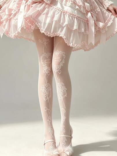 1 Pair Sweet Vintage Floral White Sheer Socks, Lightweight For Summer