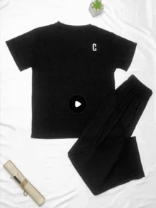 Conjunto de dos piezas informal y holgado para el hogar, ligero y bordado con la letra C para primavera y verano, compuesto por camiseta y pantalones largos, 1 unidad - Negro - Ver 2