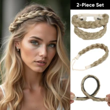 Conjunto de tiara trançada elegante de 35 cm para mulheres, com uma tiara trançada com detalhes e um elástico de cabelo trançado combinando. Disponível em diversas cores, incluindo cinza, preto, dourado, marrom e outras. Conjunto de acessórios de cabelo antiderrapantes de 2 peças para uso diário. - Multicolorido - Ver 14
