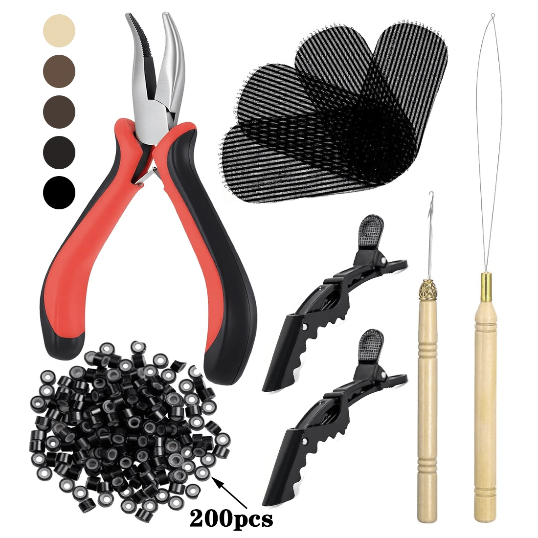 Bộ dụng cụ nối tóc - 200 hạt silicon siêu nhỏ, kìm bấm hạt bằng thép không gỉ, dụng cụ xỏ hạt kim loại và móc kéo kim để nối tóc bằng hạt, dụng cụ tạo kiểu tóc dự tiệc cosplay. - Xem 1