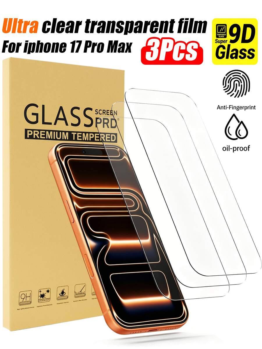 3pcs High Definition Tempered Glass Screen Protector Compatible With IPhone 17/Air/17 Pro/17 Pro Max/16 Pro Max/15 Pro Max/14 Pro Max/13/12/11 Pro Max Glass Protection - 9H Hardness Scratch Resistant High Definition Transparent 99.9% Touch Accuracy Tempered Glass Screen Protector