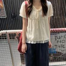 White Floral Trim Double-Layer Hem Vertical Striped Texture Short Sleeve Blouse Summer Top Boho - White - View 4