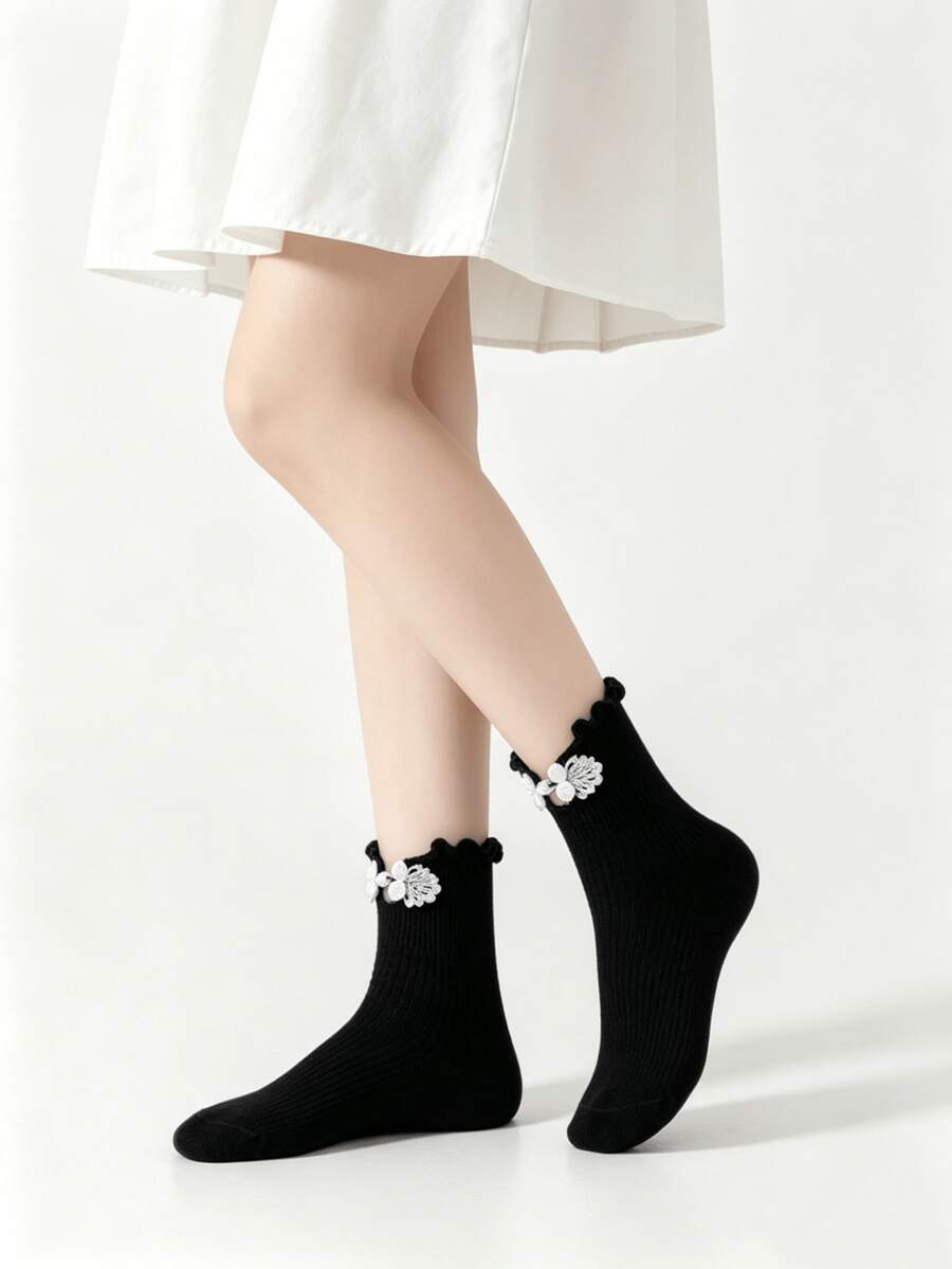 1/2 Pairs Chinese Style Cheongsam Button Lolita Ruffled Mid-Calf Socks, Spring/Summer - Multicolor - View 1