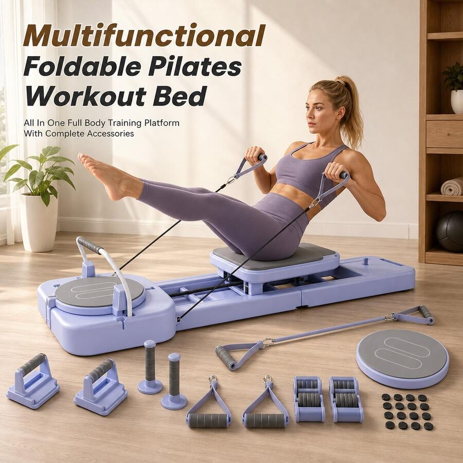 Foldable Pilates Reformer For Home Gym 300Kg Heavy Duty Load Bearing Exercise Machine Multi Function Core Trainer With 2 Foot Pedals 2 Push Up Bars 2 Handlebars 2 Resistance Cords 1 Pulley Strap 24 Non Slip Pads Compact Storage For Full Body Sculpting Fat Burning Postpartum Shaping Shoulder Relief Metabolism Boost Pink And Purple Color - Lilac Purple - View 1