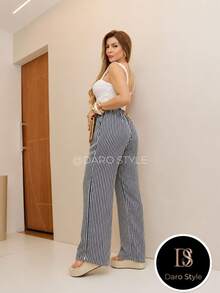 Wide Leg Striped Palazzo Pants With Pockets, NO Elastane (Size Chart Available) - 黑色 - 查看 3