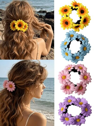 1/4pcs Sunflower Hair Scrunchies, Hawaiian Style, Beach Hair Accessories, Wedding Party Decor, Bohemian, Suitable For Daily Wear, Cute & Elegant