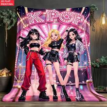 1件 K-POP 舞台風格女團印花法蘭絨毯，柔軟親膚保暖，輕量空調毯午睡毯，可用作床單、野餐毯、車用毯、露營毯 - 彩色 - 查看 2
