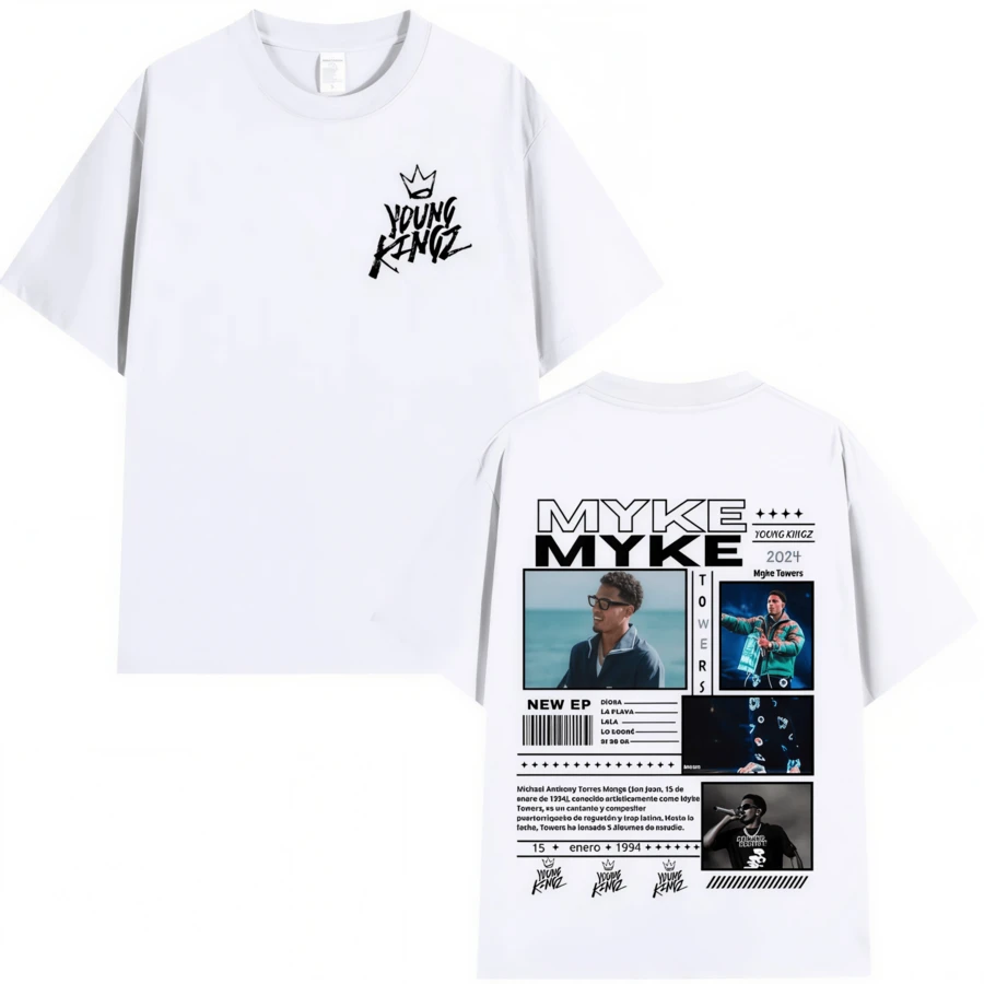 Rapper Myke Towers Graphic Print T-Shirts For Men Women Fashion Hip Hop Oversized O-Neck T Shirt Comfortable Cotton Short Sleeve - trắng - Xem 1