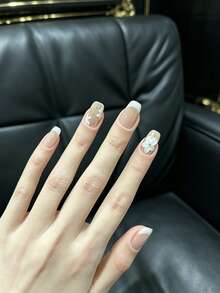 10Pcs Handmade Press On Nails Nude Fake Nails With Cat Eye, French Tip, 3D Flower & Gold Foil Design Short Reusable False Nails For Girls - 彩色 - 查看 4