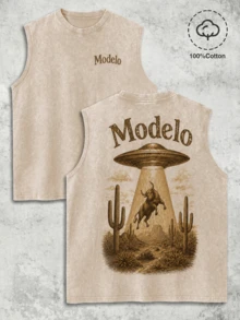 Men's Printed Vintage Washed Vest, Loose Fit, Casual Street Style, An Essential Everyday Item. - Apricot - View 2